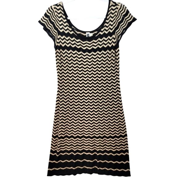 Julian Taylor Knit Midi Dress Size M Brown Black Stretch Zig Zag Eyelet Scallope - Picture 1 of 10